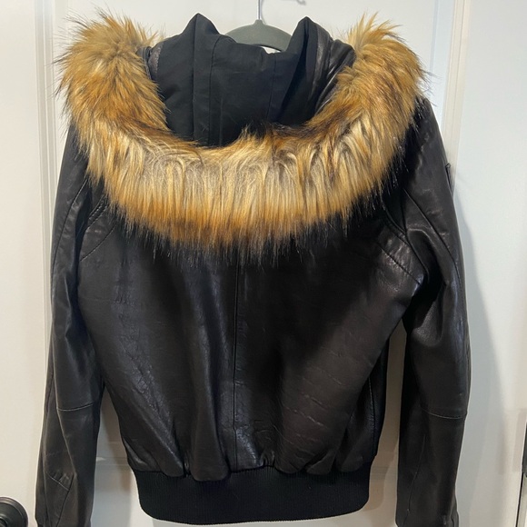 Black Leather Jacket with Fur Hood - Picture 7 of 8
